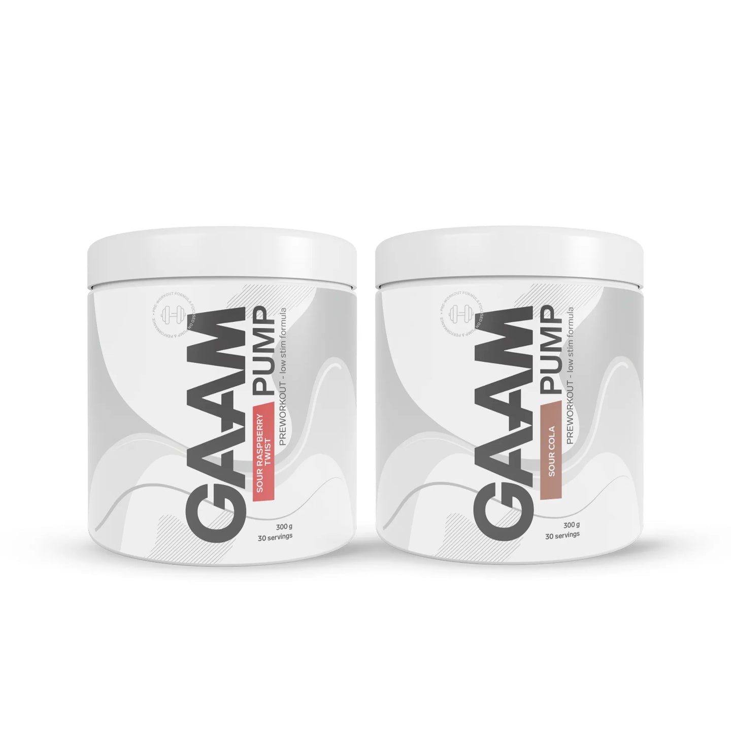2 x GAAM PUMP 300 g i ett 2-pack med vita burkar och grå mönster för smakerna Sour Raspberry Twist och Sour Cola.