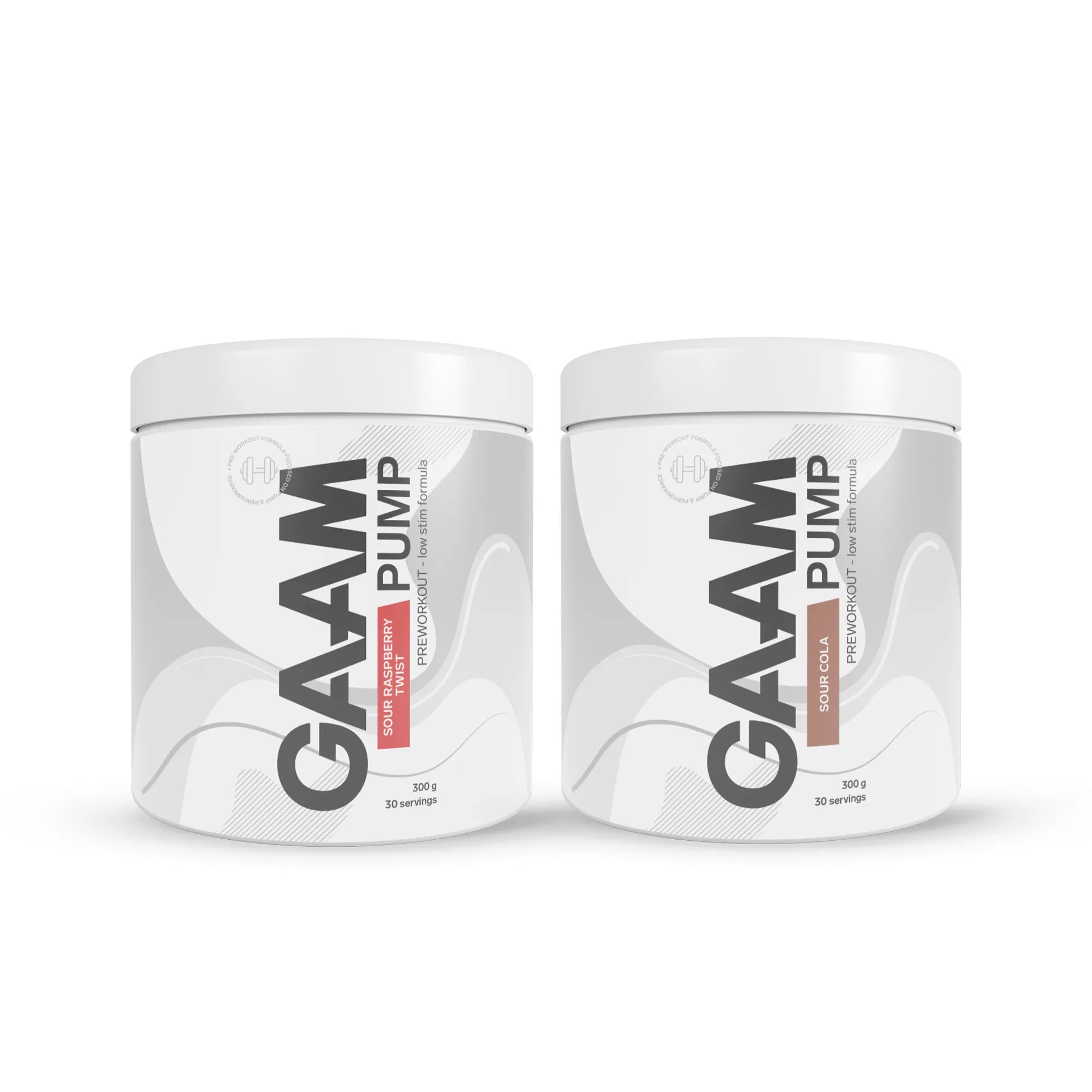 2 x GAAM PUMP 300 g i ett 2-pack med vita burkar och grå mönster för smakerna Sour Raspberry Twist och Sour Cola.