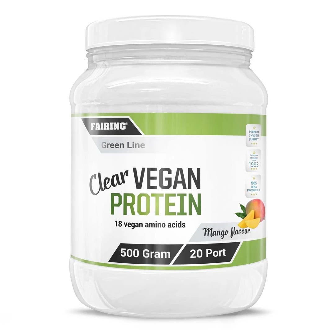 Fairing Clear Vegan Protein 500 g veganskt proteinpulver i en vit plastburk med grön etikett för smaken Mango.