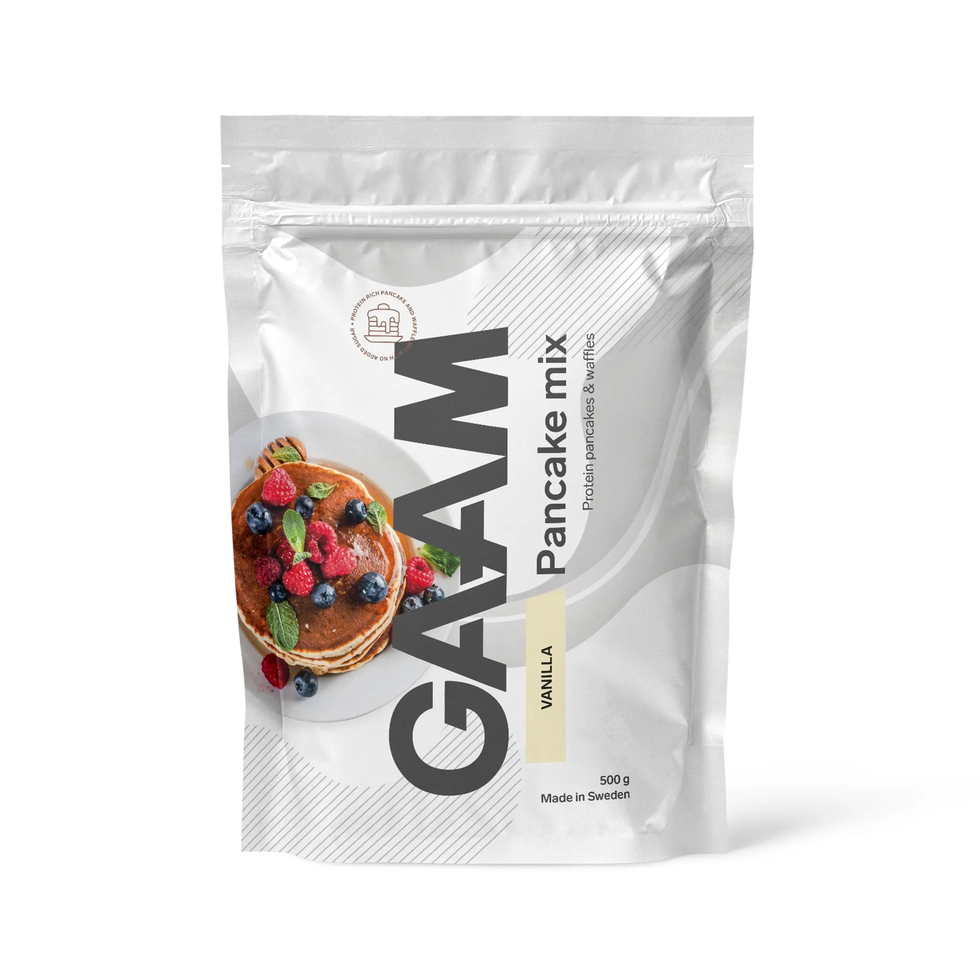 GAAM Pancake Mix 500 g pannkaksmix i en vit påse med ljusgula detaljer för smaken Vanilla.