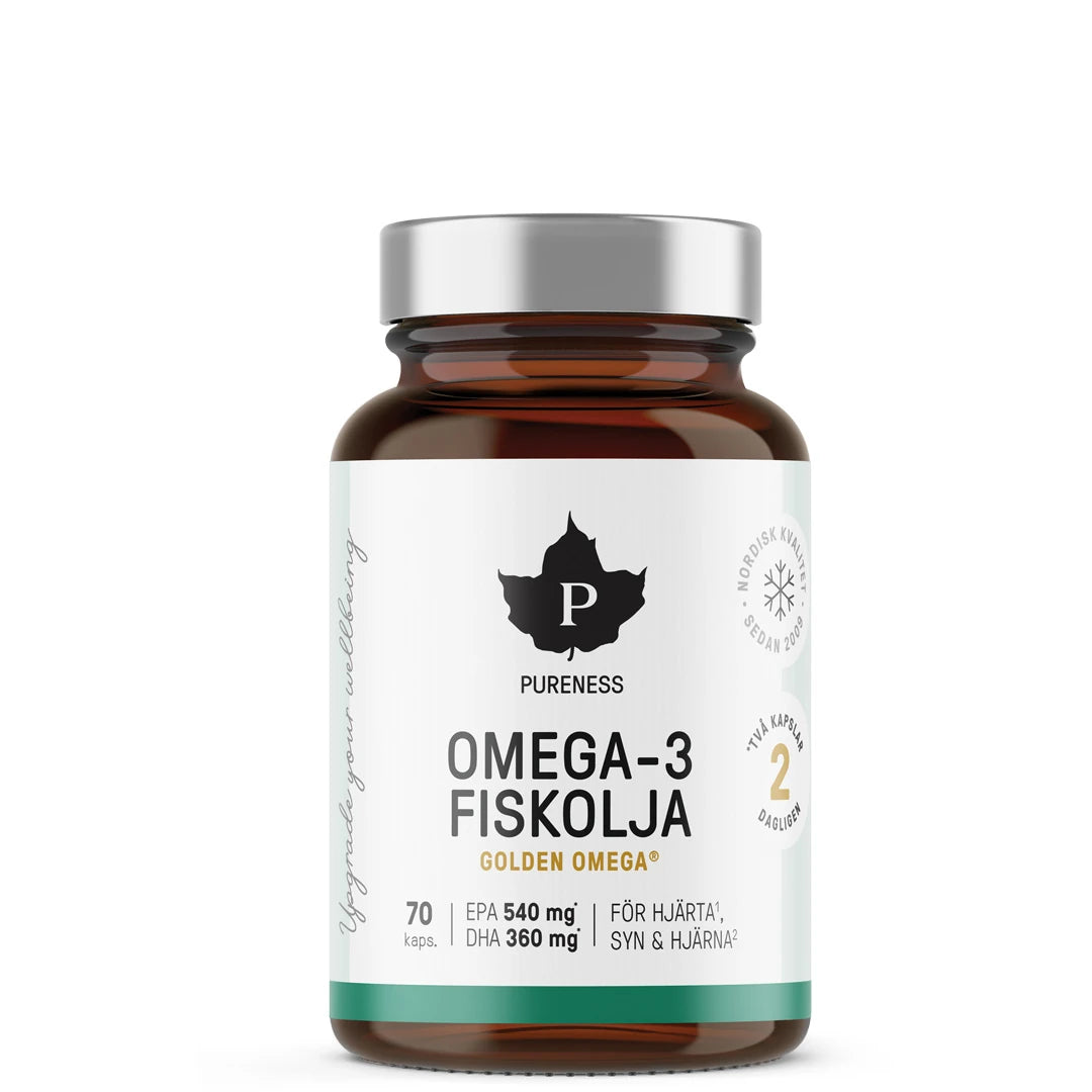 Pureness Omega-3 Fiskolja 70 caps, förpackad i en mörkbrun burk med silverfärgat lock och stilren vit etikett.