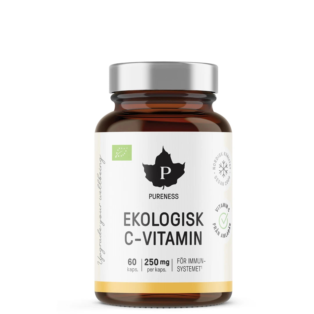 Pureness Ekologisk C-vitamin 60 caps med veganska kapslar i en mörk burk med vit etikett och silverlock.