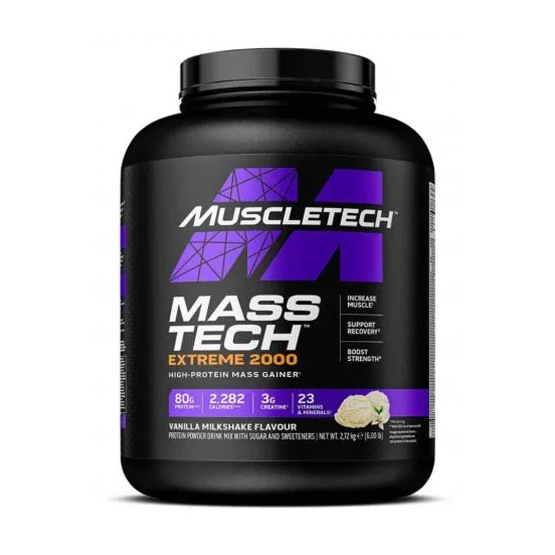 Muscletech Mass-Tech Extreme 2000 2.72 kg gainer i en svart burk med lila detaljer och smaken Vanilla Milkshake.