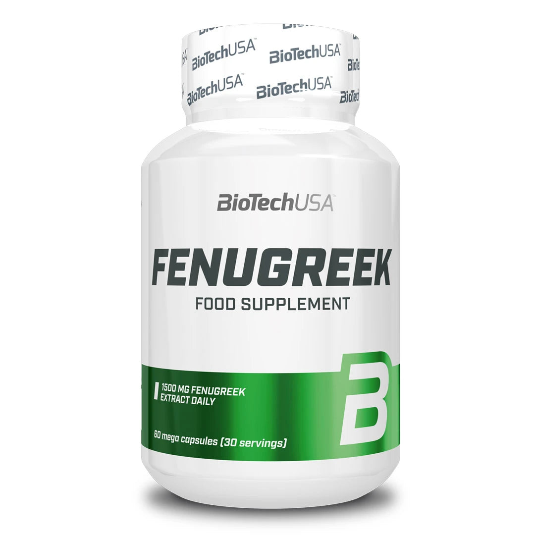 BioTechUSA Fenugreek 60 caps i en vit burk med grön etikett.