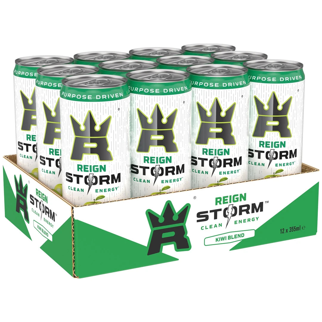 12 x Reign Storm Energy 355 ml Kiwi Blend i ett grönt och vitt flak med matchande burkar.