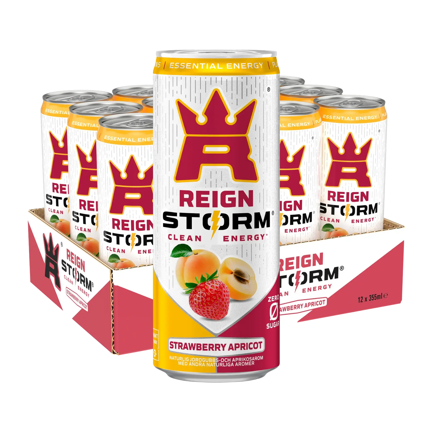12 x Reign Storm Energy 355 ml på ett flak med vita burkar och röda detaljer för smaken Strawberry Apricot., bild 1 av 1