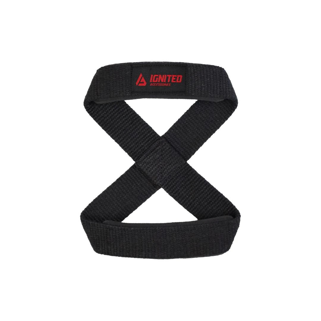 Svarta Ignited Figure 8 Lifting Straps i slitstark bomull med röda logotypdetaljer, designade som en åtta för tunga lyft.