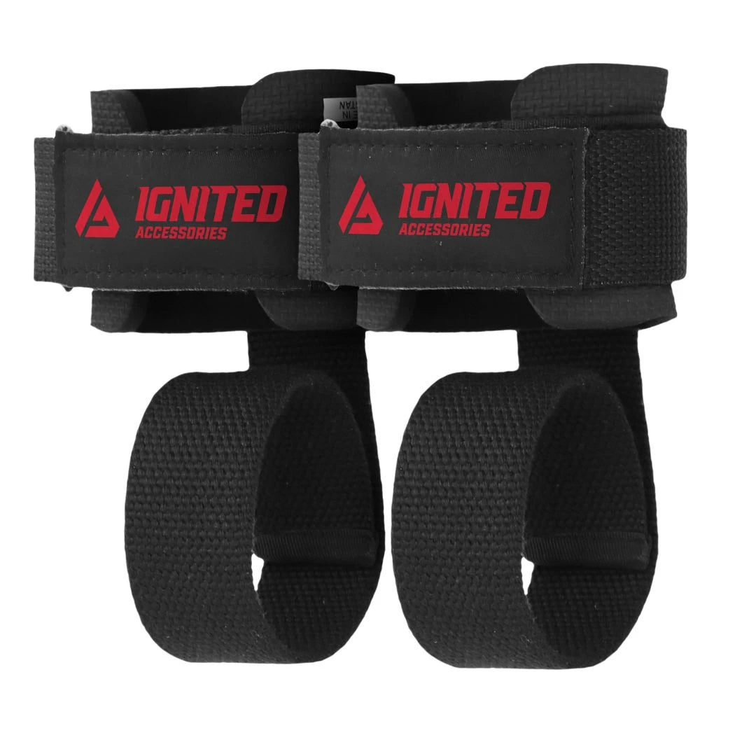 Ignited Supported Lifting Straps Black, två svarta dragremmar i canvas och neopren med röda logotyper för tunga lyft.