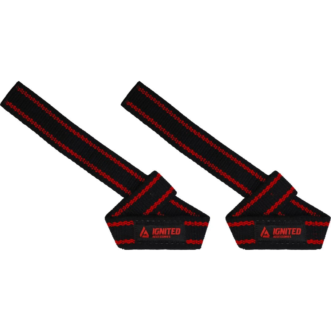 Ignited Premium Padded Lifting Straps Black/Red, två svarta lyftremmar i bomullscanvas med röda detaljer och vaddering.