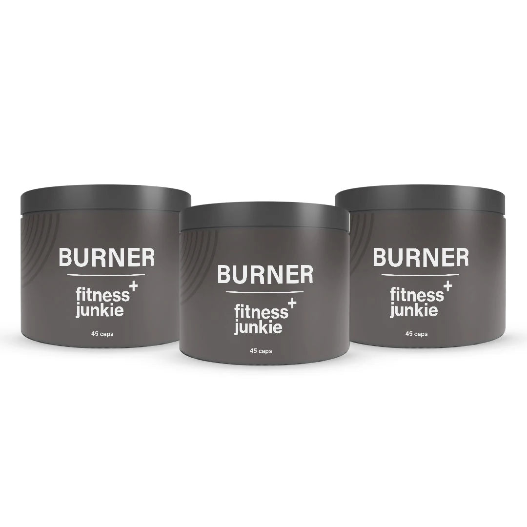 3 x fitnessjunkie Burner 45 caps bestående av tre mörkgrå burkar med svarta lock.