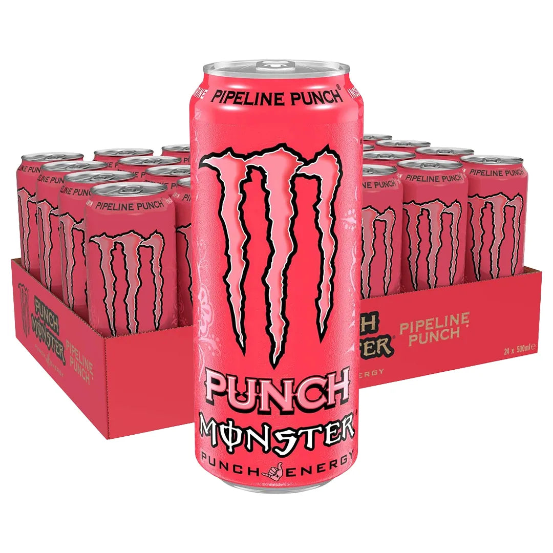 24 x Monster Energy 500 ml Pipeline Punch i ett rött flak med rosa och svarta burkar.