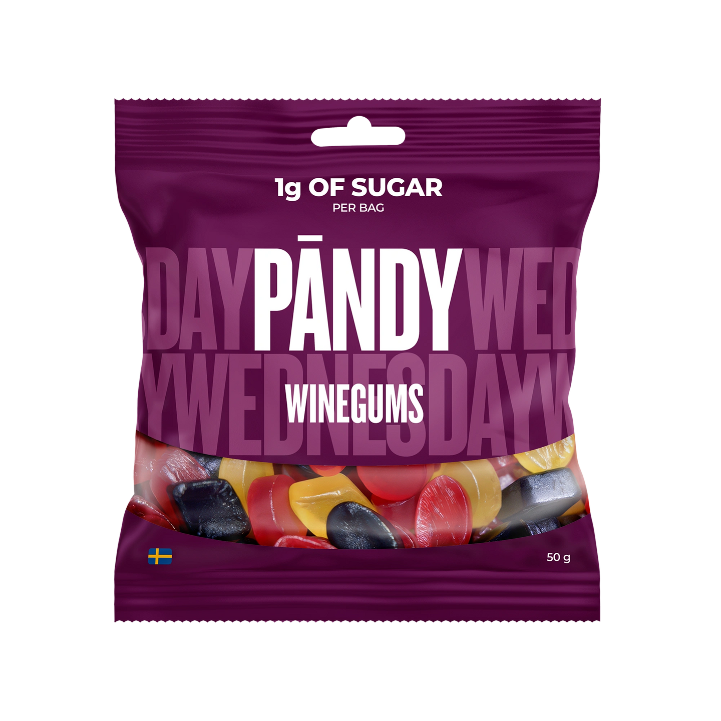 Pändy Candy 50 g Winegums i en lila påse fylld med färgglada vingummin., bild 1 av 1