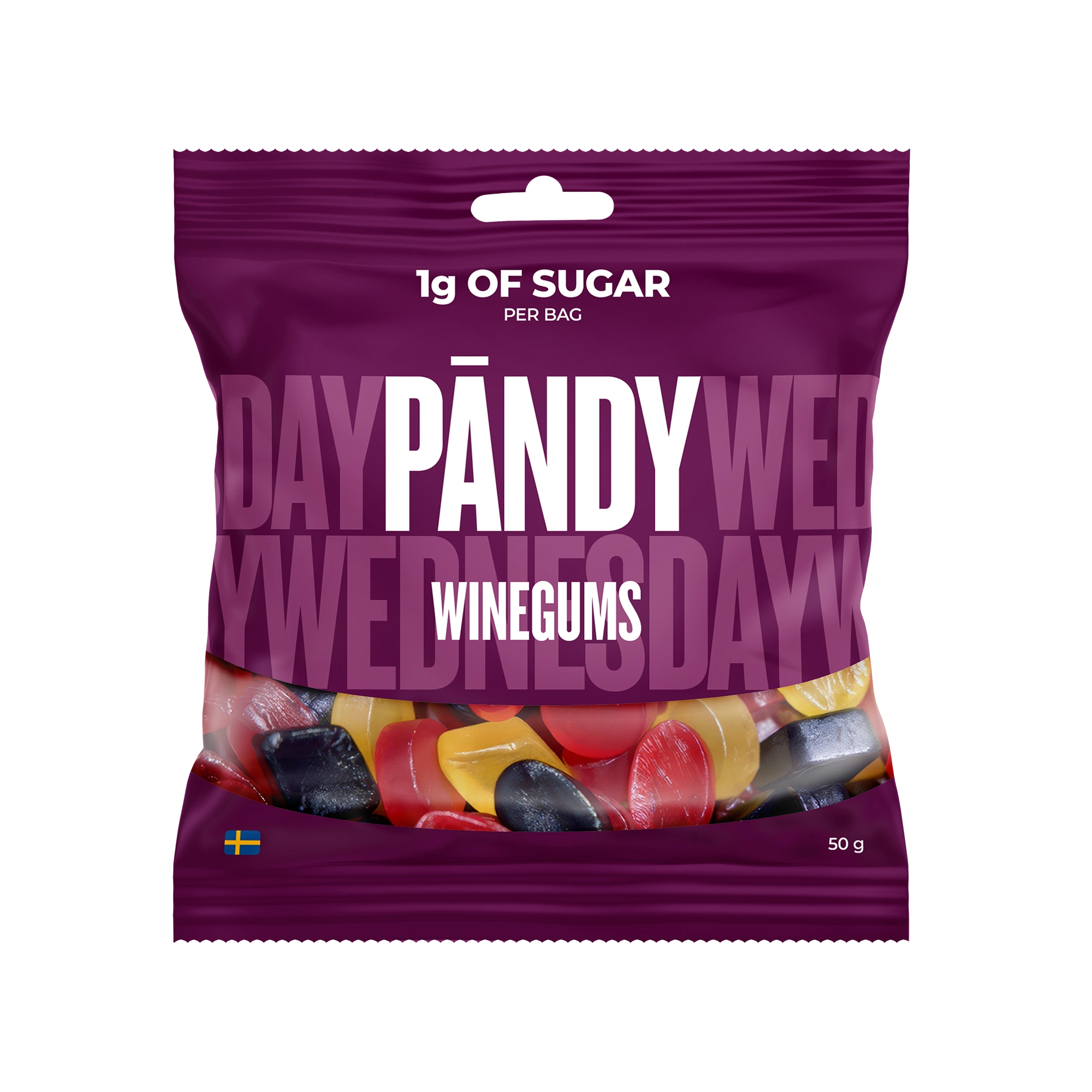 Pändy Candy 50 g Winegums i en lila påse fylld med färgglada vingummin., bild 1 av 1