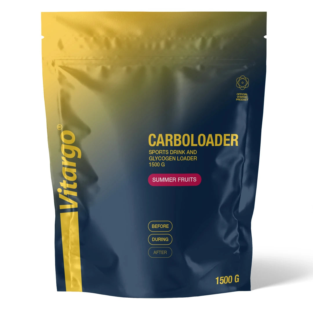 Vitargo Carboloader 1.5 kg sportdryck i pulverform, förpackad i en mörkblå och gul påse med smaken Summer Fruits.