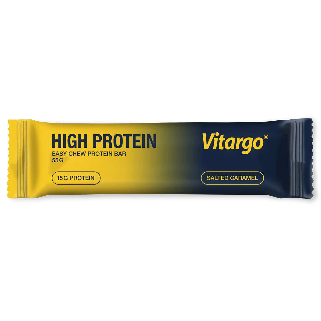 Vitargo High Protein Bar 55 g, en proteinbar i gul och mörkblå förpackning med smaken Salted Caramel.