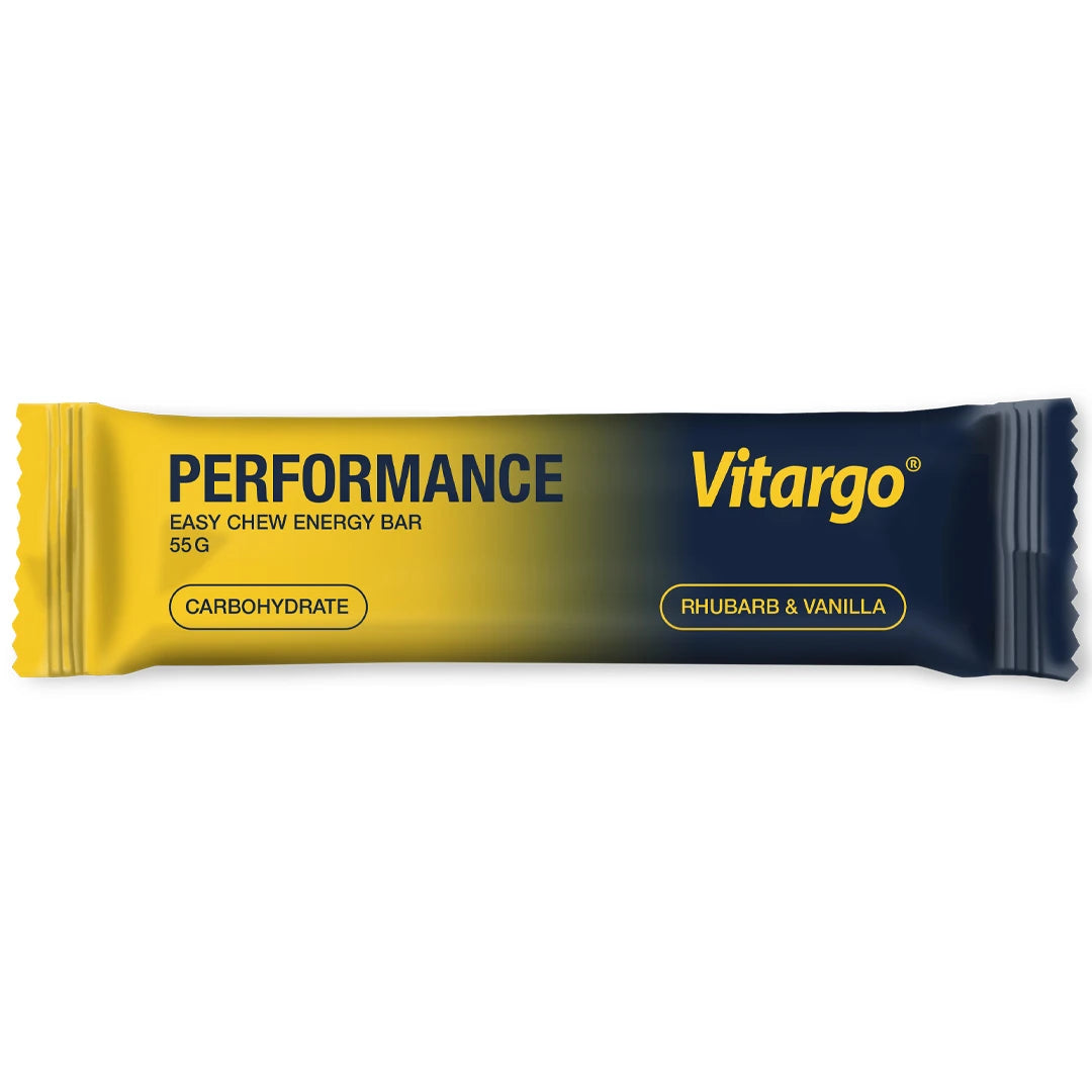 Vitargo Performance Bar 55 g energibar i en gul och mörkblå förpackning med smaken Rhubarb & Vanilla.
