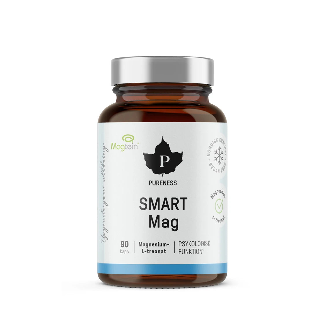 Pureness Smart Mag 90 caps magnesiumtillskott i en brun burk med silverlock och vit etikett med blå detaljer.
