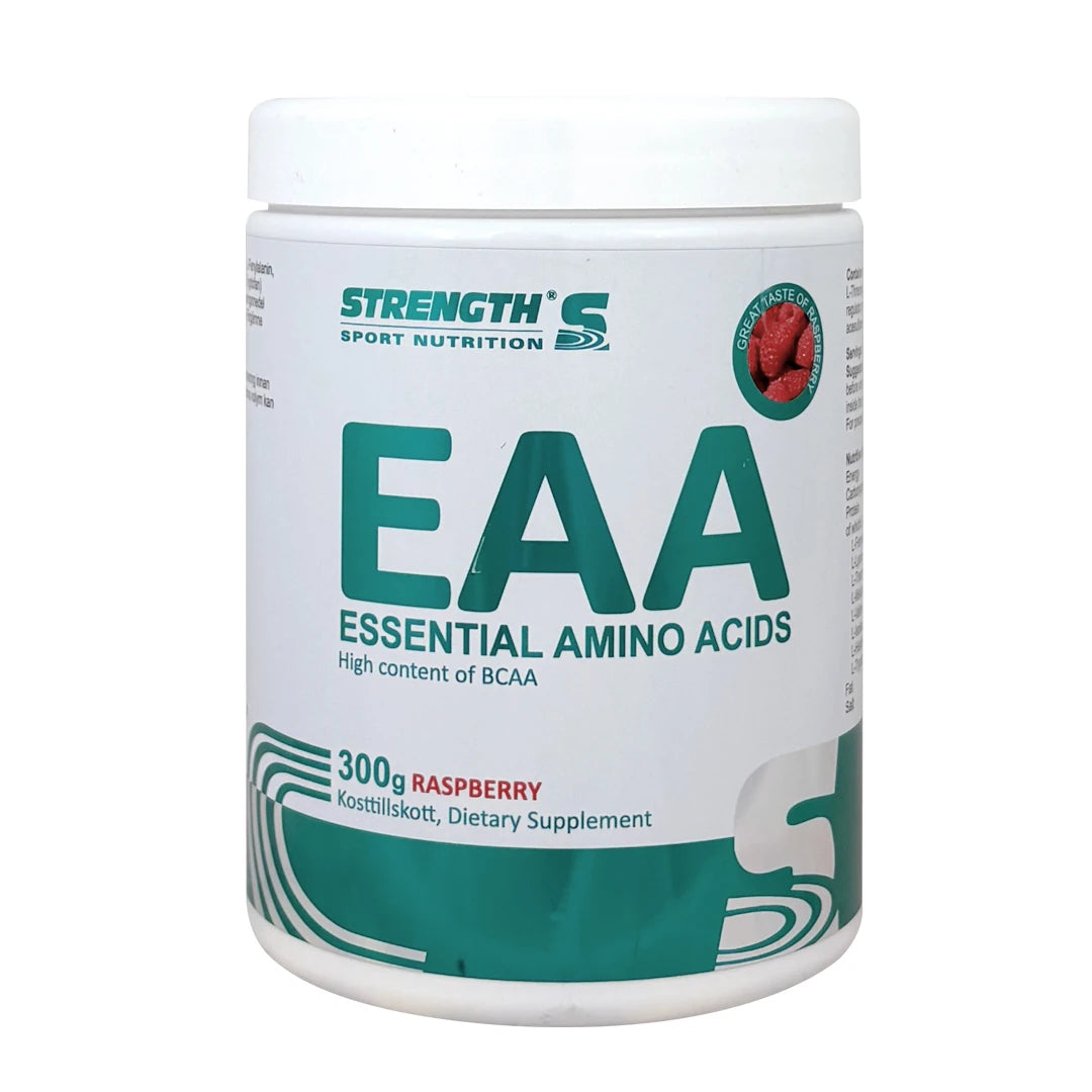 Strength Sport Nutrition EAA 300 g aminosyror i en vit burk med gröna detaljer och smaken Raspberry.