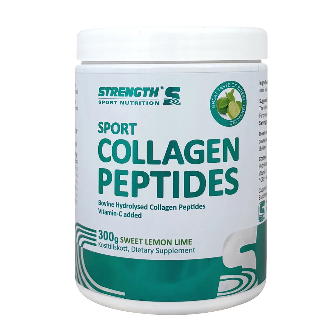 Strength Sport Nutrition Collagen Peptides 300 g i en vit plastburk med gröna detaljer för smaken Sweet Lemon Lime.