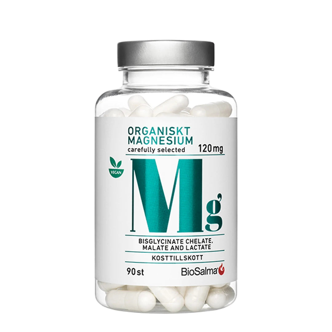 BioSalma Organiskt Magnesium 120 mg 90 tabs i en transparent burk med silvrigt lock och vita kapslar.