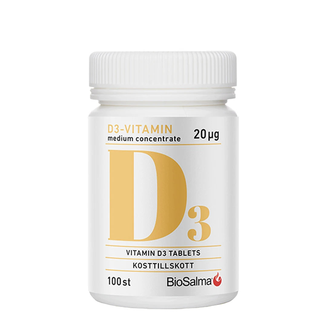 BioSalma D3 Vitamin Medium Concentrate 20 ug 100 tabs kosttillskott i en vit plastburk med gul text.