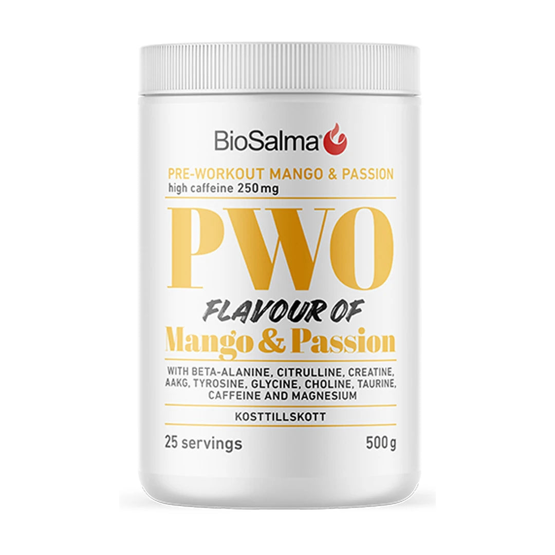 BioSalma PWO 500 g PWO-pulver i en vit burk med gula detaljer för smaken Mango Passion.