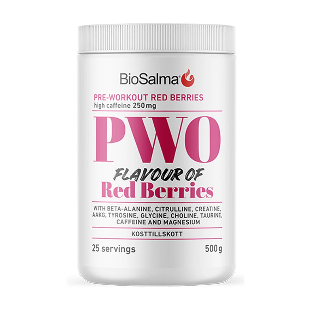 BioSalma PWO 500 g prestationshöjande pulver, vit burk med rosa detaljer och text för smaken Red Berries.