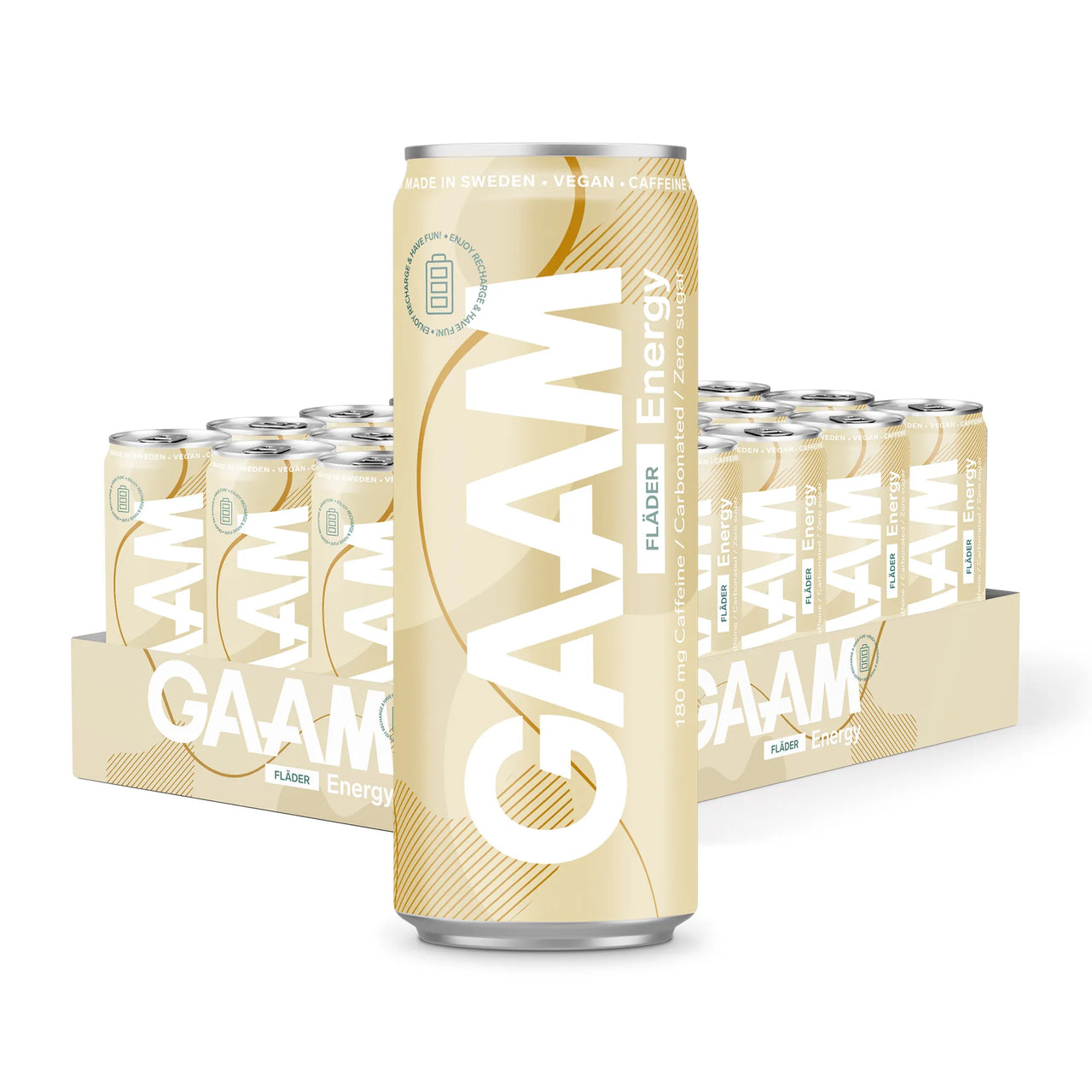 24 x GAAM Energy 330 ml Fläder i ett ljust guldfärgat flak med vita detaljer och en burk i förgrunden.