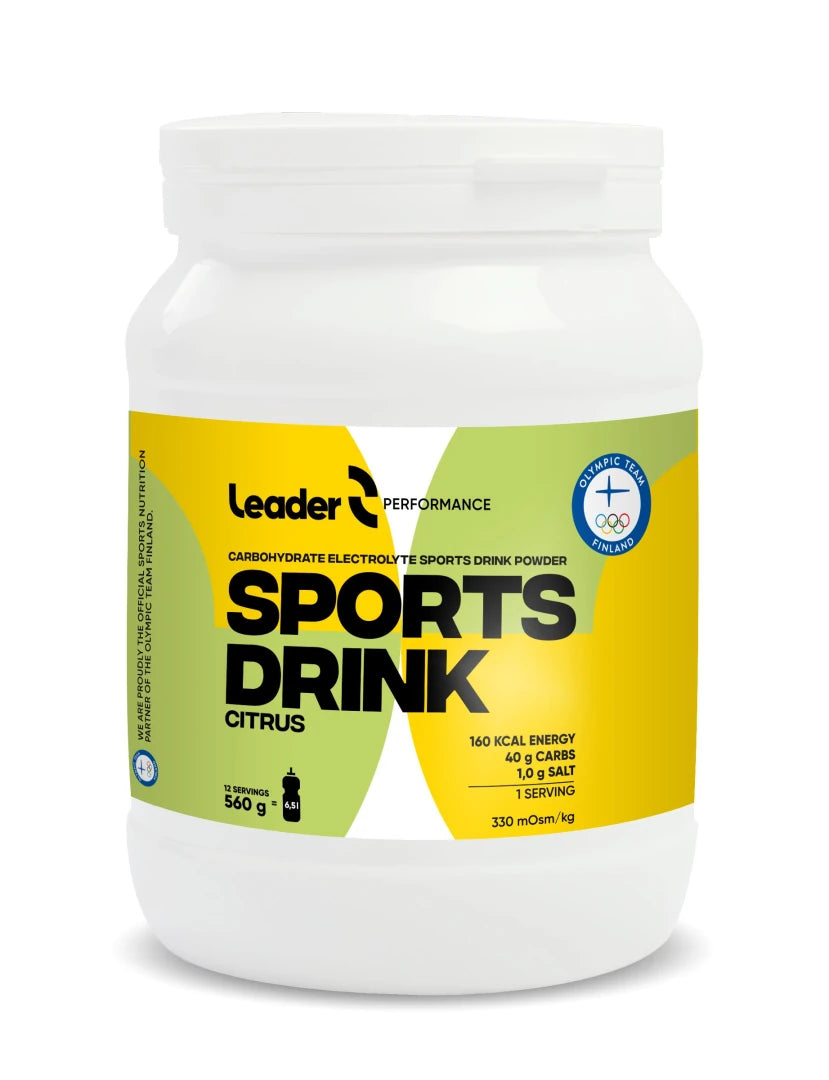 Leader Performance Sport Drink 540 g sportdryckspulver i en vit burk med gul etikett och smak av Citrus.