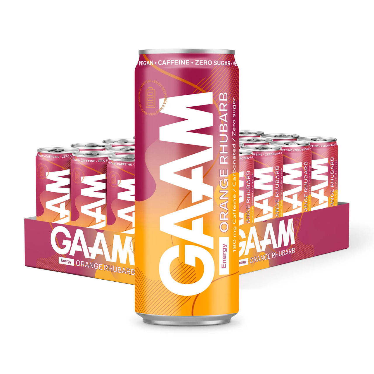 24 x GAAM Energy 330 ml Orange Rhubarb i ett rosa och orange flak med matchande burkar.
