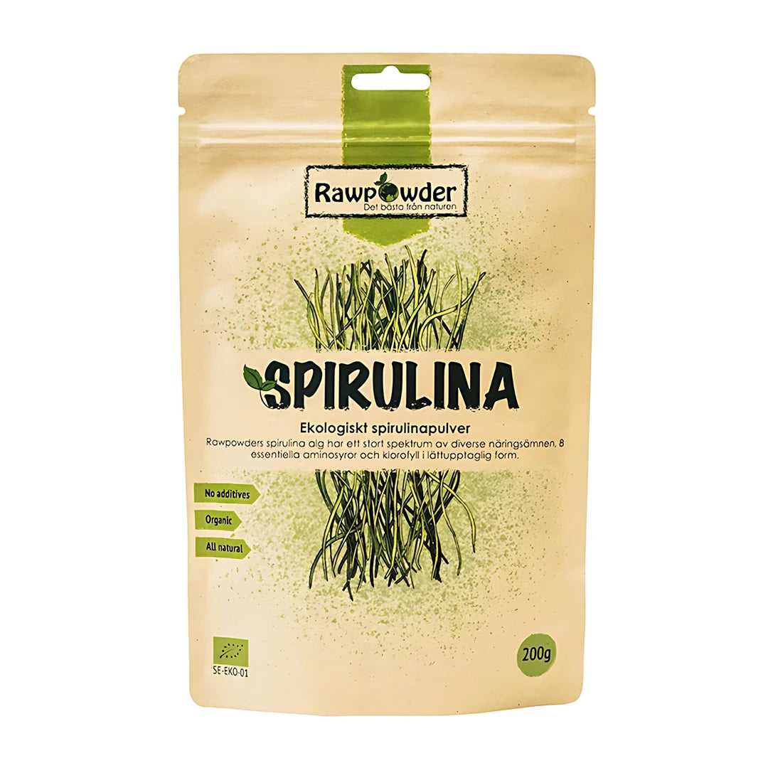 Rawpowder Spirulinapulver 200 g ekologiskt kosttillskott i en beige papperspåse med gröna detaljer.