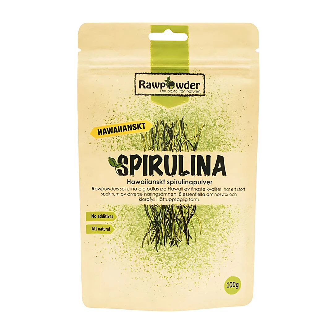 Rawpowder Spirulinapulver Hawaii 100 g i en ljus förpackning med grön text och gröna detaljer.