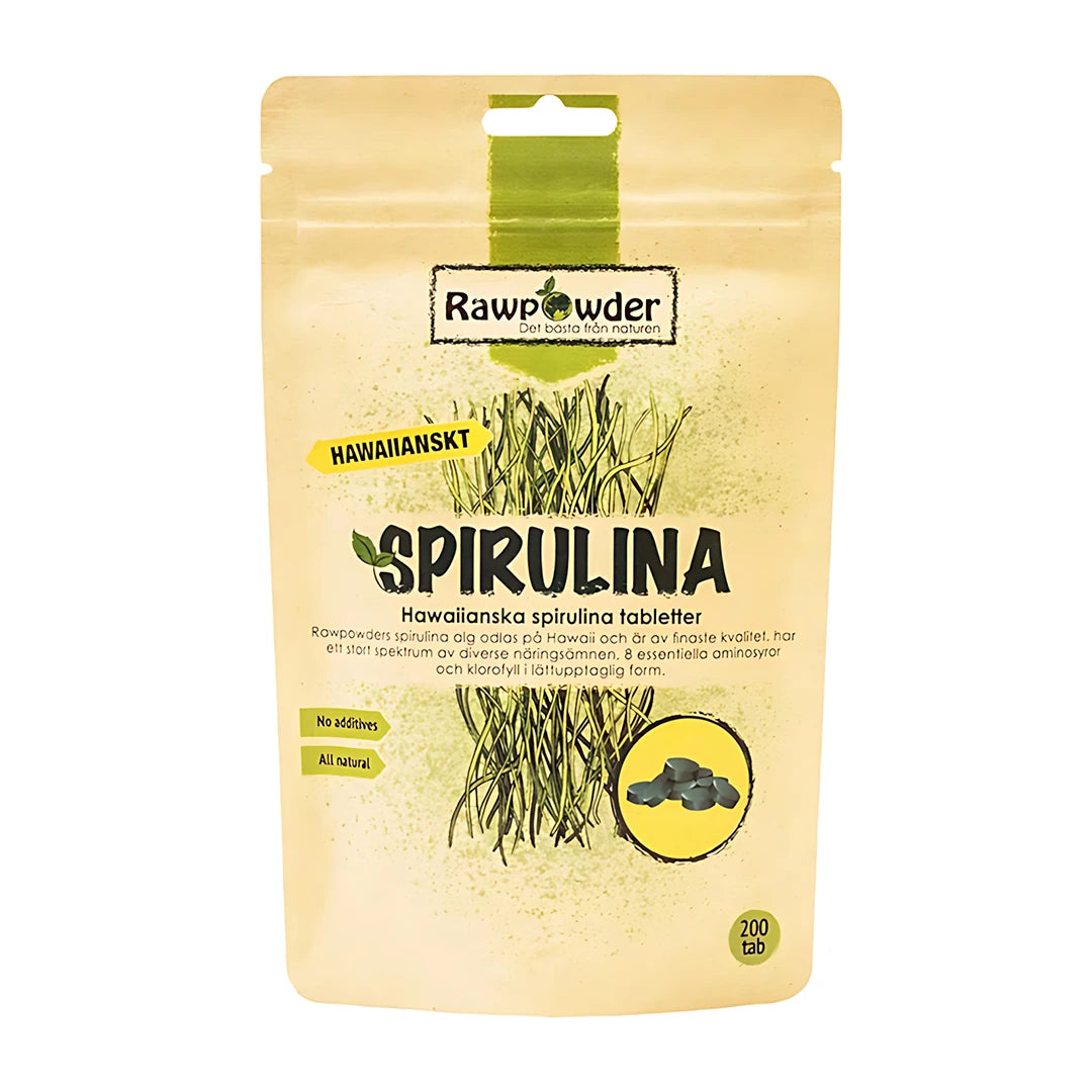 Rawpowder Spirulina Hawaii 200 tabs i en beige papperspåse med gröna detaljer och illustrationer.