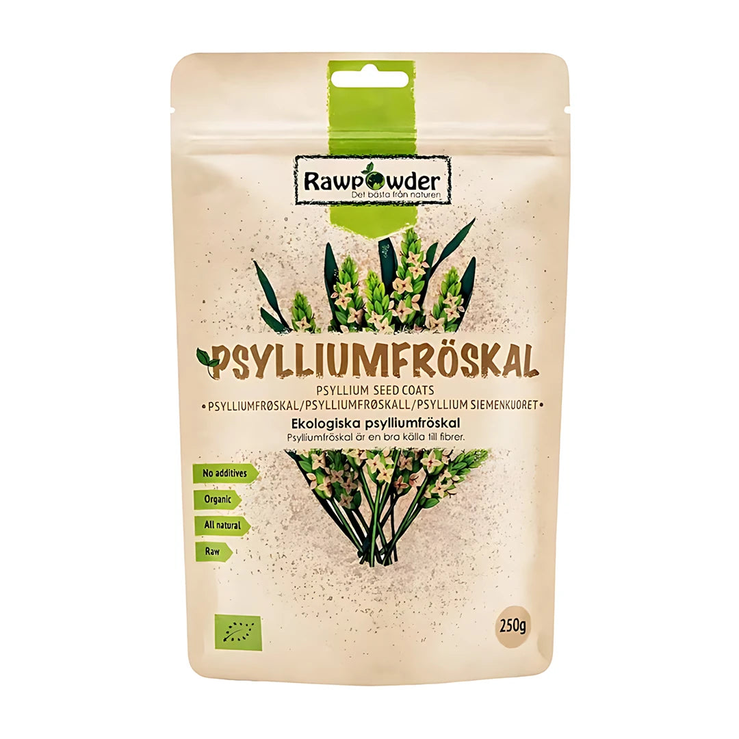 Rawpowder Psylliumfröskal 250 g förpackad i en beige påse med gröna växtillustrationer.