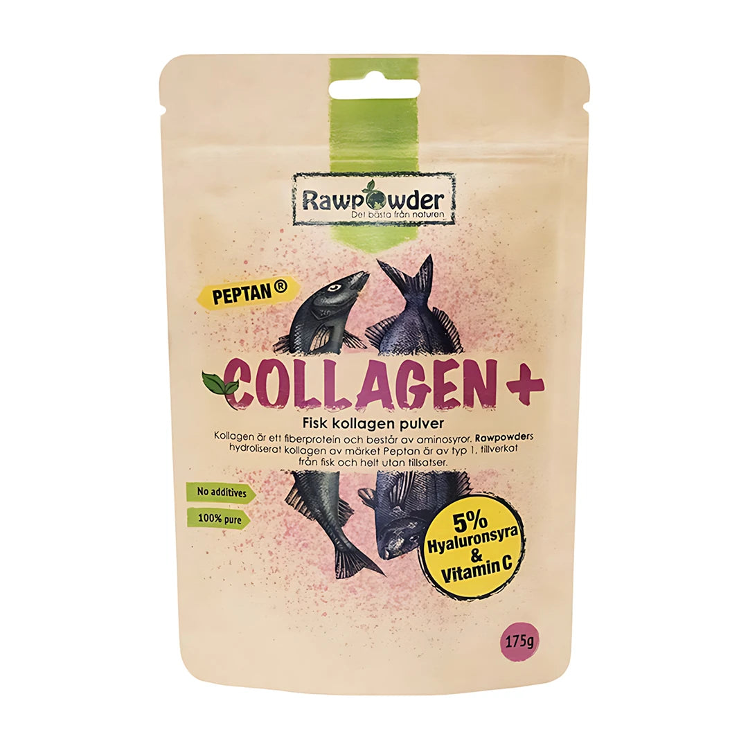 Rawpowder Collagen+ 175 g är ett fiskkollagenpulver i en beige påse med lila text och illustrationer av fiskar.