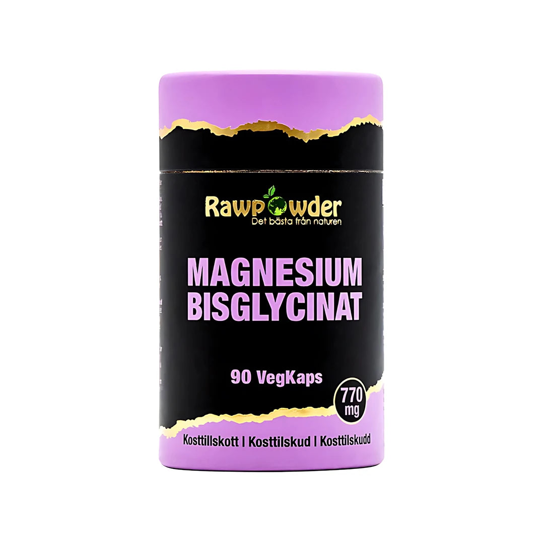 Rawpowder Magnesium Bisglycinat 90 caps kosttillskott i en svart burk med lila detaljer.