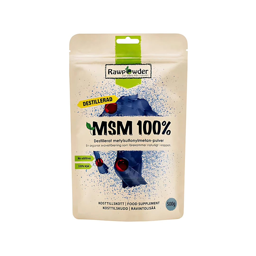 Rawpowder 100% MSM 500 g kosttillskott i pulverform, förpackad i en ljus påse med blå illustration och svarta textdetaljer.