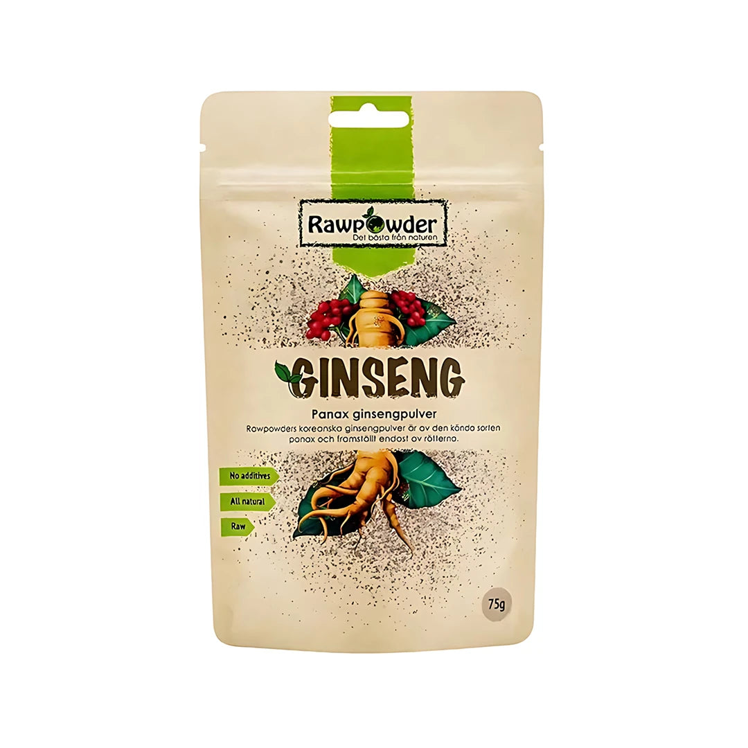 Rawpowder Ginsengpulver 75 g i en beige påse med gröna detaljer och illustration av ginsengrot.
