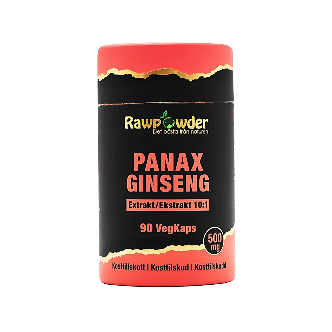 Rawpowder Panax Ginseng 90 caps kosttillskott i en svart burk med röda detaljer.