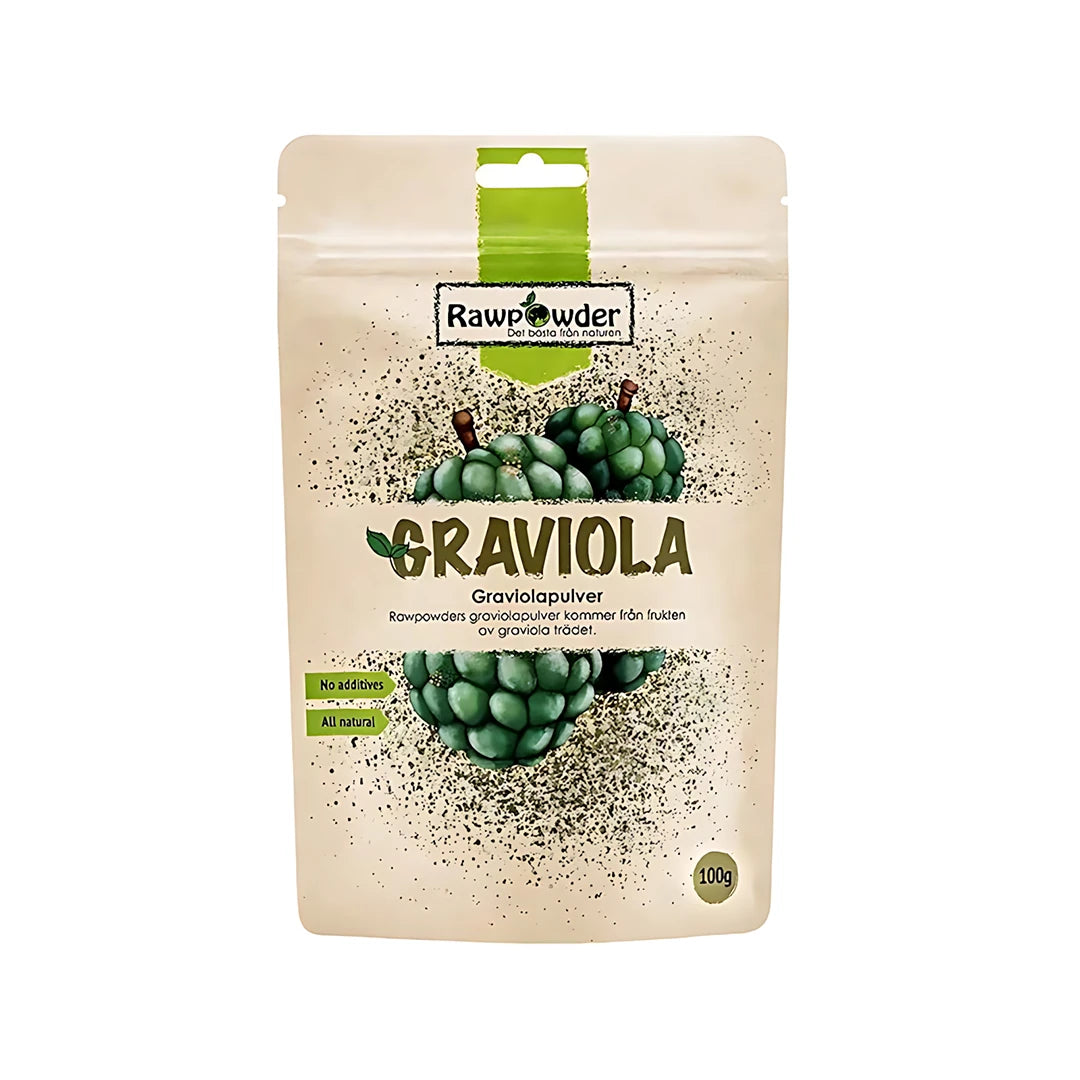 Rawpowder Graviolapulver 100 g förpackad i en beige påse med gröna detaljer och illustration av graviolafrukter.
