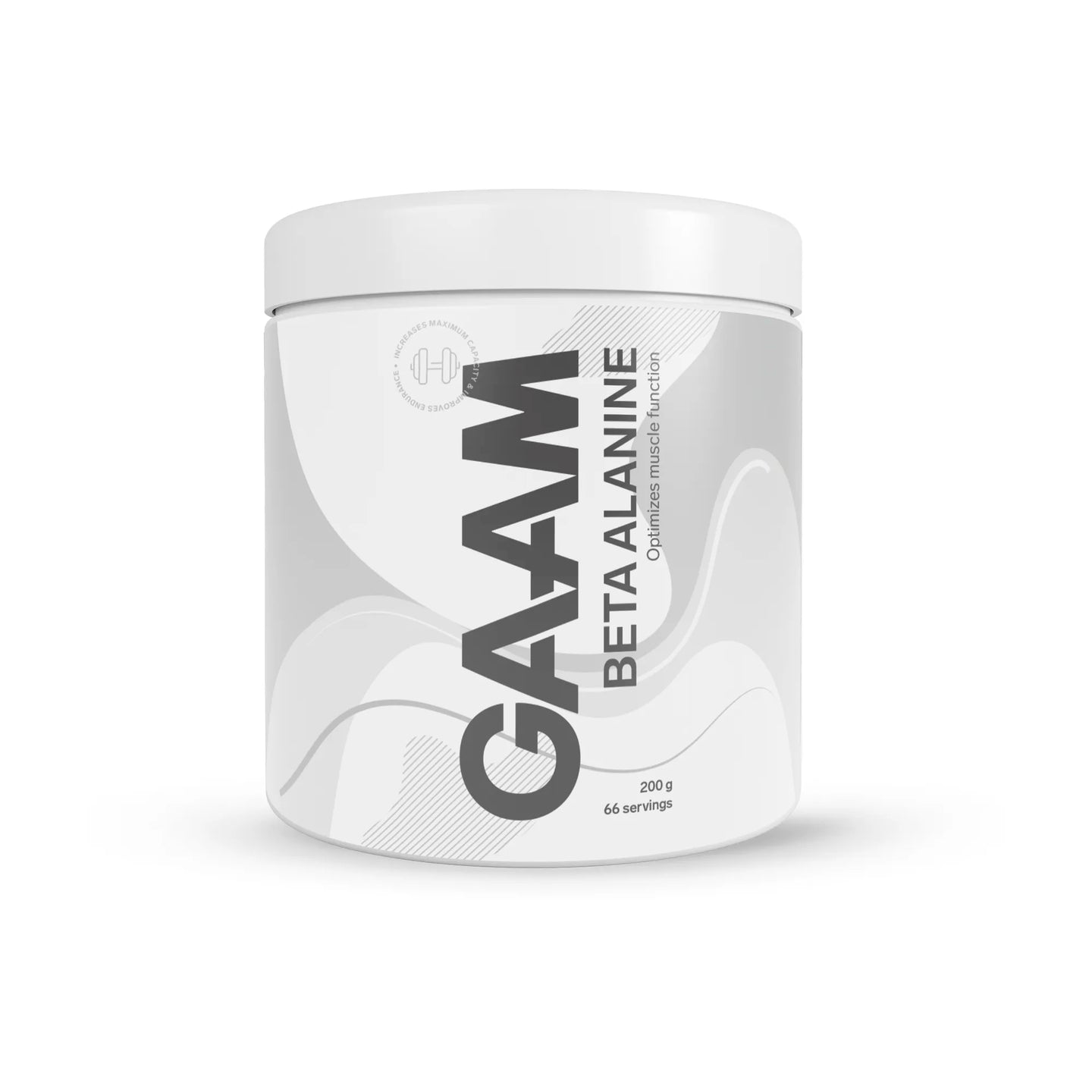 Vit burk med GAAM Beta alanine 200 g aminosyror i pulverform för pre-workout.