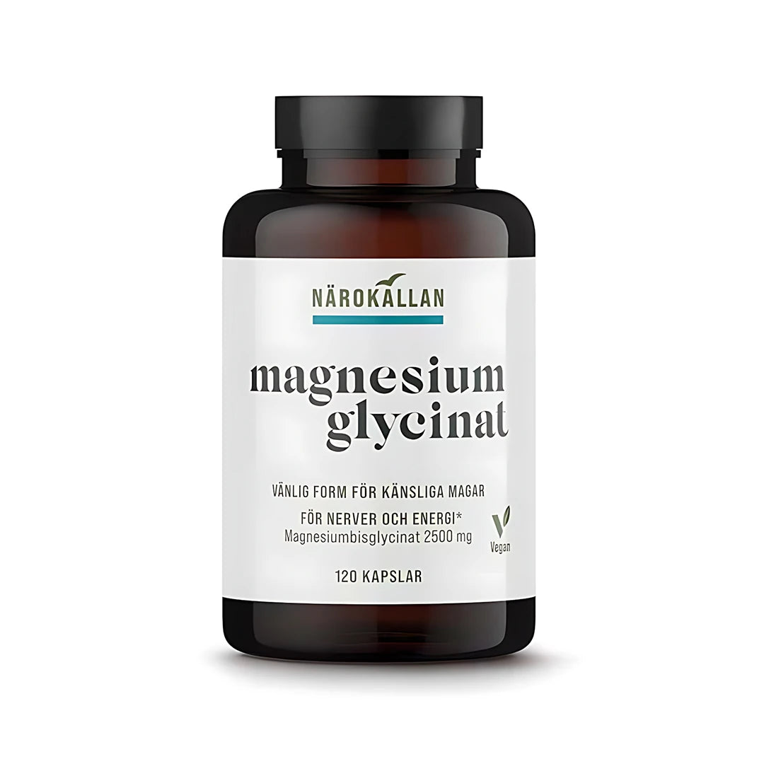 Närokällan Magnesiumglycinat 120 caps veganskt kosttillskott i en mörkbrun burk med vit etikett.