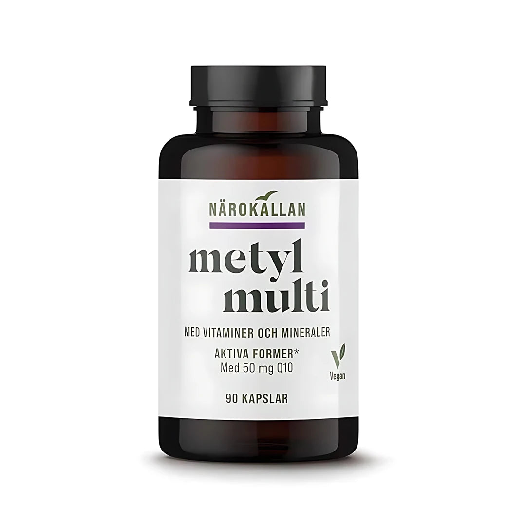 Närokällan Metyl Multivitamin 90 caps i en mörkbrun burk med vit etikett och svart lock.