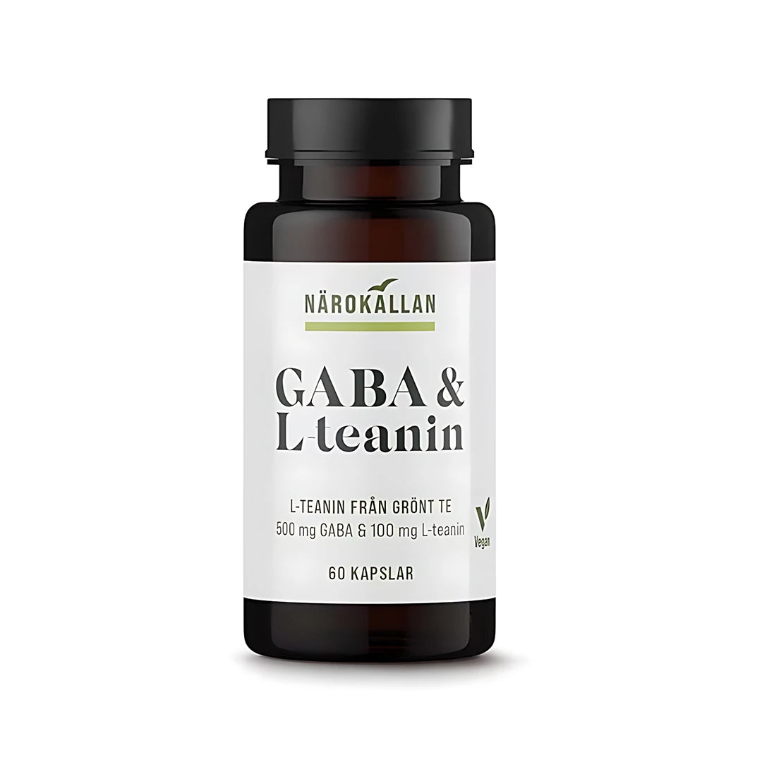 Närokällan GABA + L-Teanin 60 caps i en mörkbrun burk med svart lock och vit etikett.