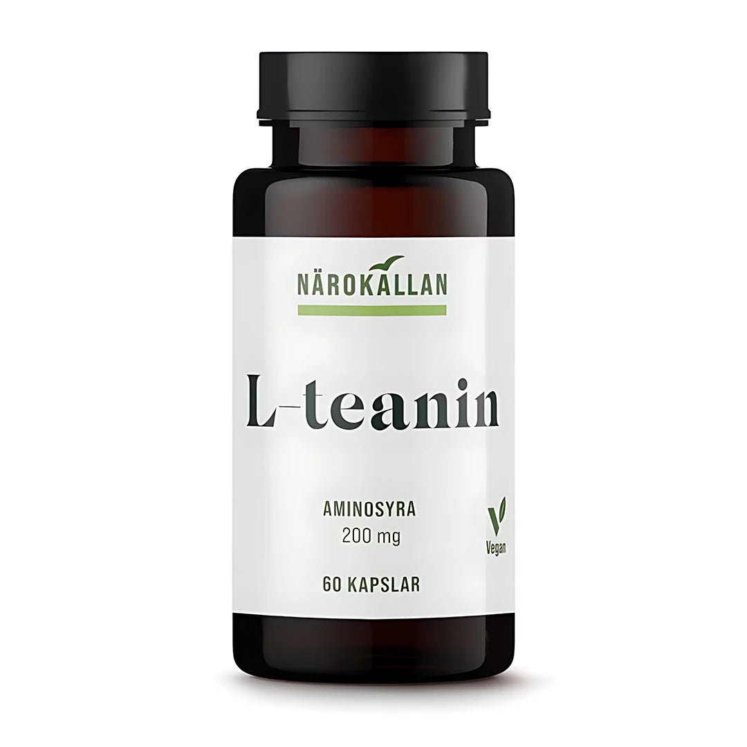 Närokällan L-Teanin 60 caps, veganska aminosyror förpackade i en mörkbrun plastburk med vit etikett.