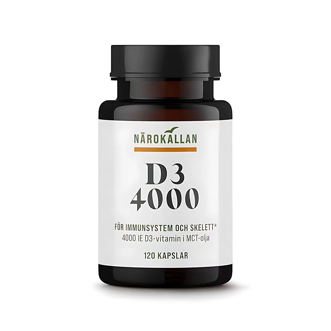 Närokällan D3 4000 IE 120 caps är ett D-vitamintillskott i en mörk burk med vit etikett.