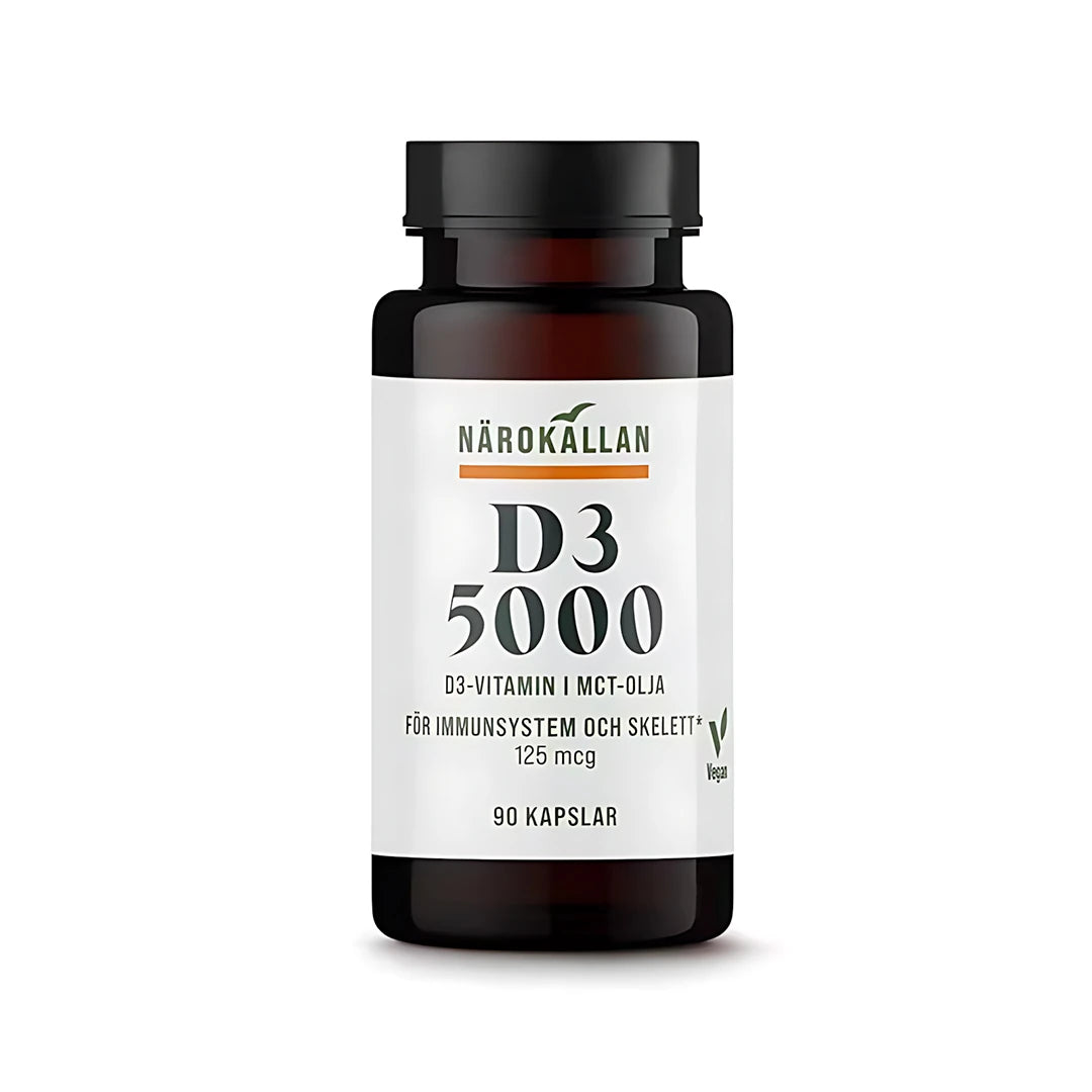 Närokällan D3 5000 Vegan 90 caps kosttillskott i en mörkbrun burk med vit etikett.