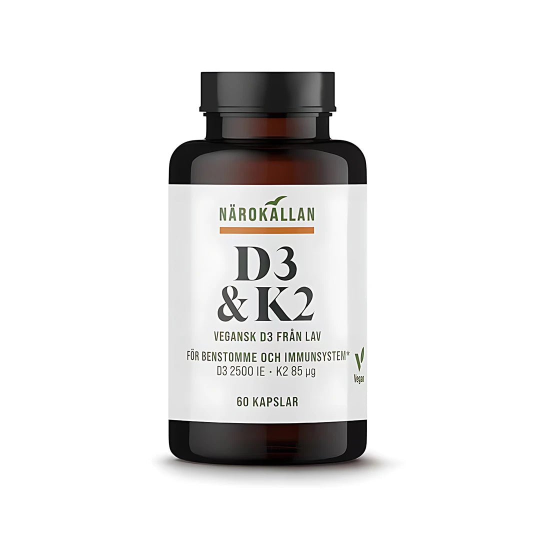Närokällan D3 & K2 60 caps i en mörkbrun burk med vit etikett och svart text.