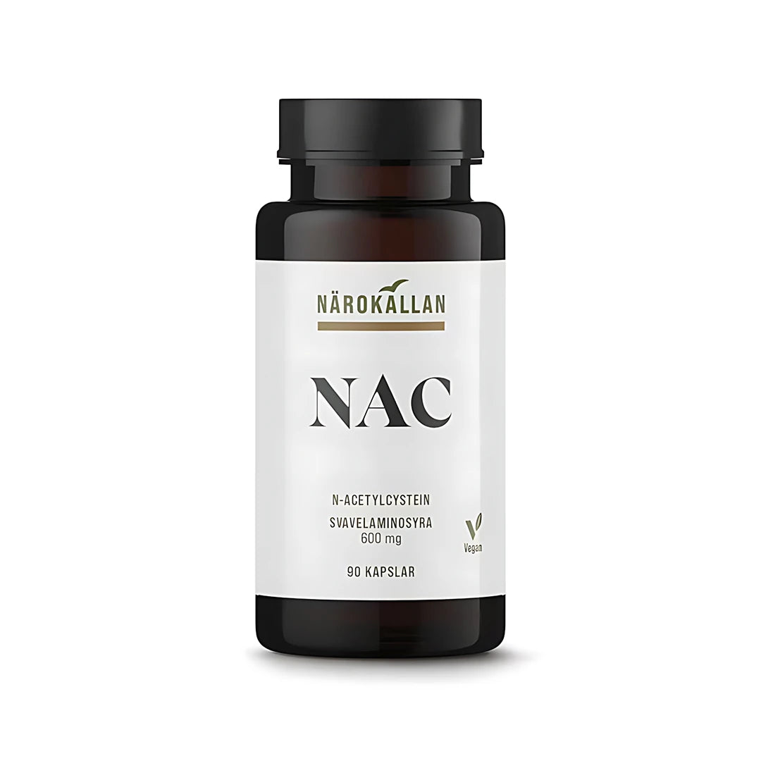 Närokällan NAC N-Acetylcystein 600 mg kosttillskott i en brun burk med vit etikett och svart lock, innehållande 90 kapslar.