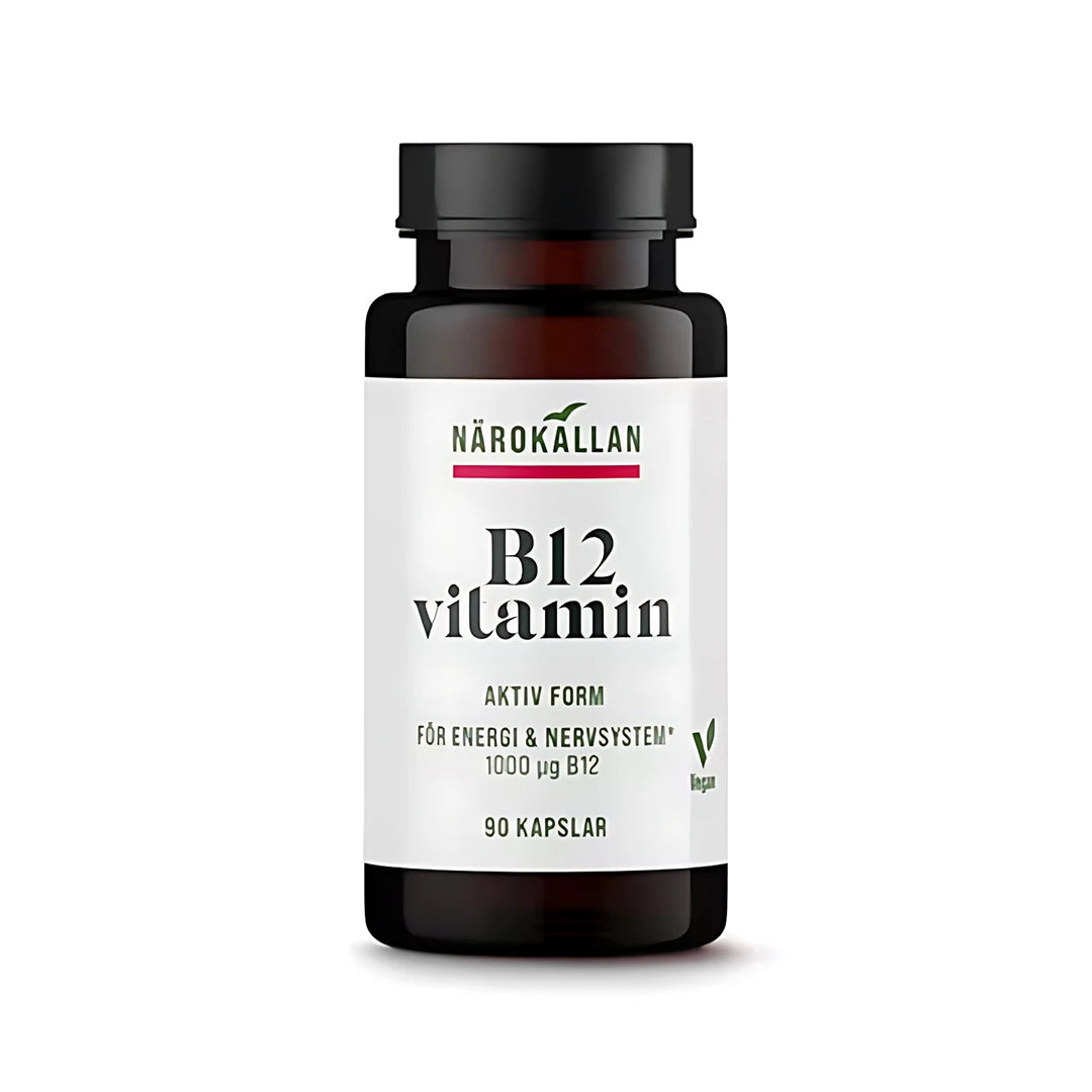 Närokällan B12 1000 mcg 90 caps i en mörkbrun burk med vit etikett och svart skruvlock.